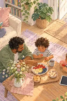 Gouache illustration of a family sharing food and reading, with a tablet set aside.
