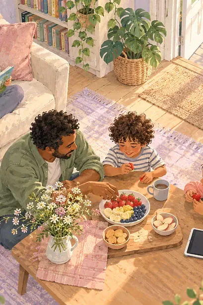 Gouache illustration of a family sharing food and reading, with a tablet set aside.