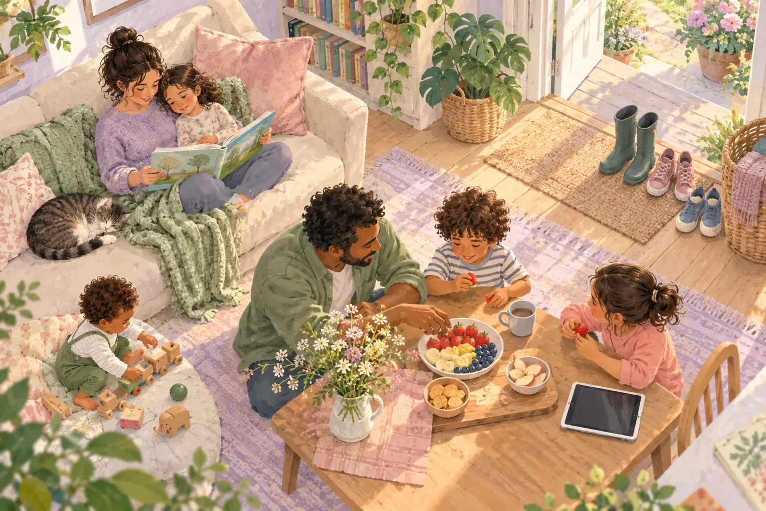 Gouache illustration of a family sharing food and reading, with a tablet set aside.