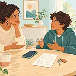 Illustration of a parent and preteen discussing a phone and a family checklist.