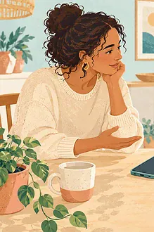 Illustration of a parent and preteen discussing a phone and a family checklist.