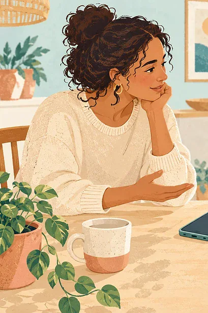 Illustration of a parent and preteen discussing a phone and a family checklist.