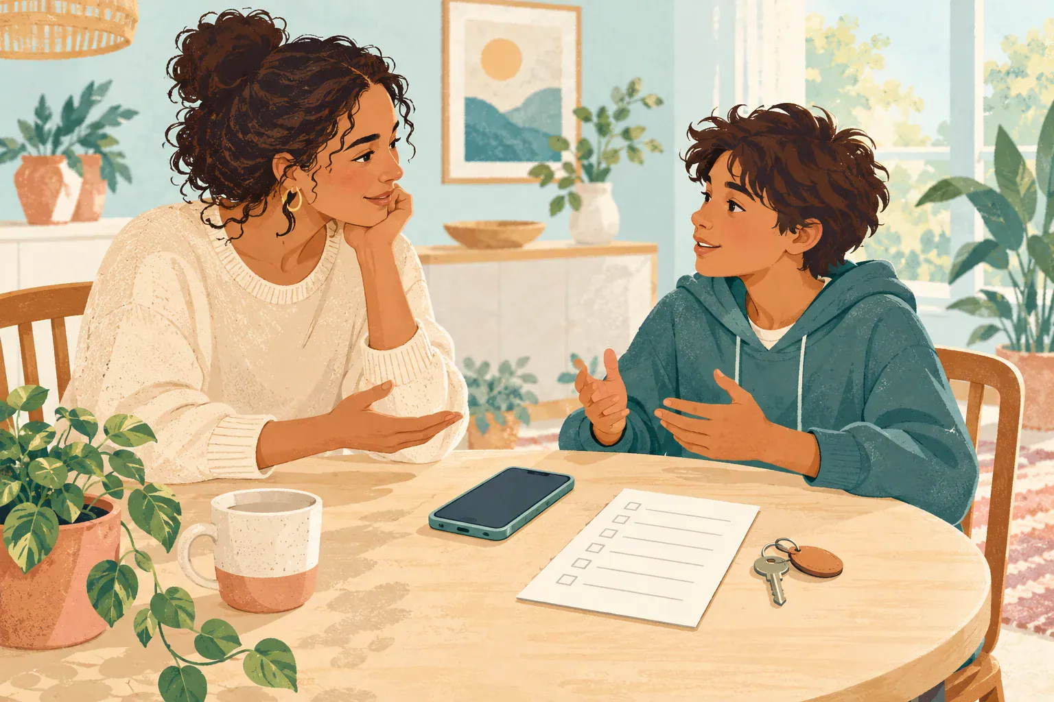 Illustration of a parent and preteen discussing a phone and a family checklist.