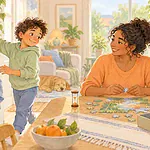 Illustration of a child putting a game controller away while a caregiver waits at a table.
