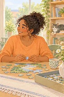 Illustration of a child putting a game controller away while a caregiver waits at a table.
