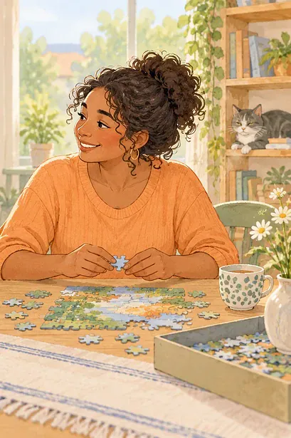 Illustration of a child putting a game controller away while a caregiver waits at a table.