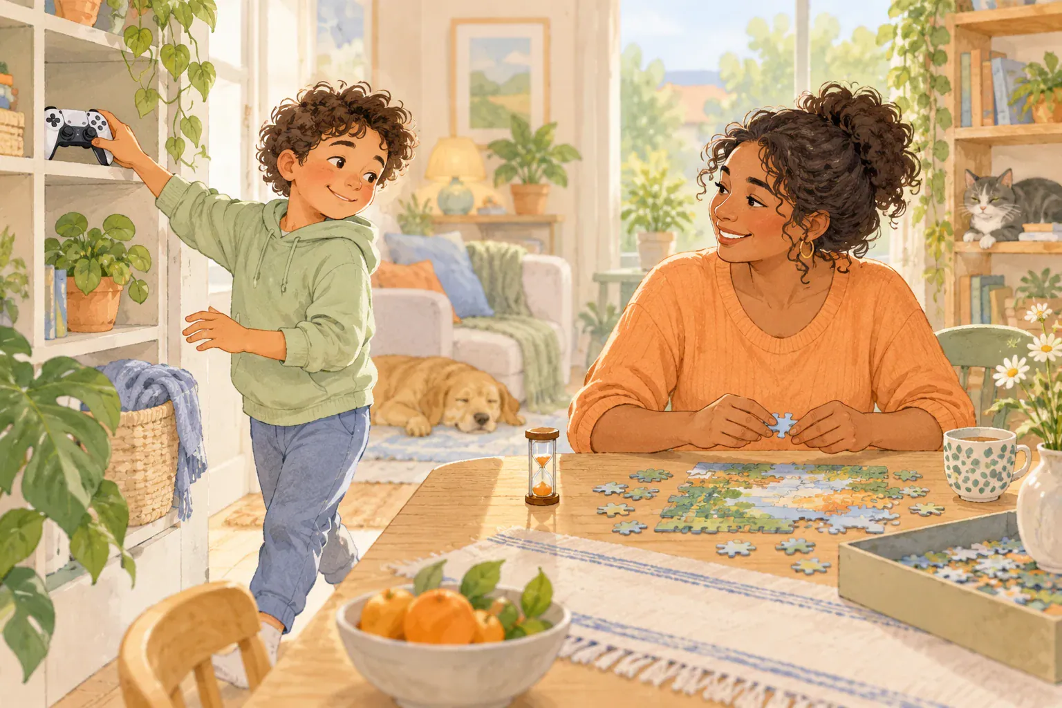 Illustration of a child putting a game controller away while a caregiver waits at a table.