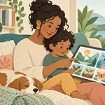 Paper-cut style illustration of a caregiver and child choosing nature videos together.