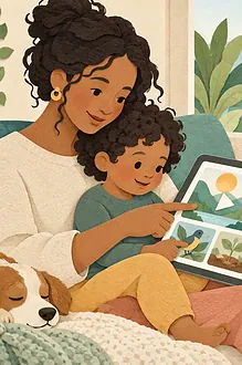 Paper-cut style illustration of a caregiver and child choosing nature videos together.