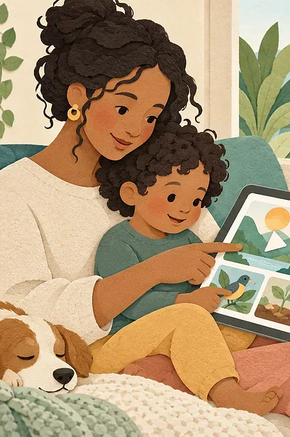 Paper-cut style illustration of a caregiver and child choosing nature videos together.
