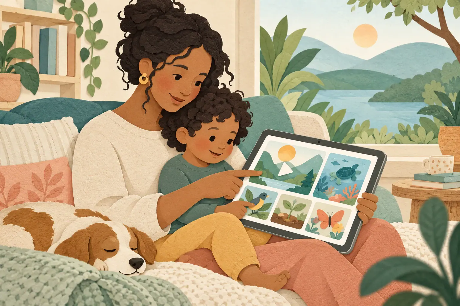 Paper-cut style illustration of a caregiver and child choosing nature videos together.
