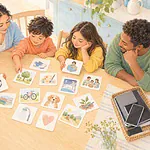 Overhead illustration of a family making a screen agreement with picture cards.