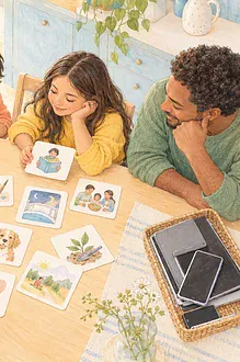 Overhead illustration of a family making a screen agreement with picture cards.