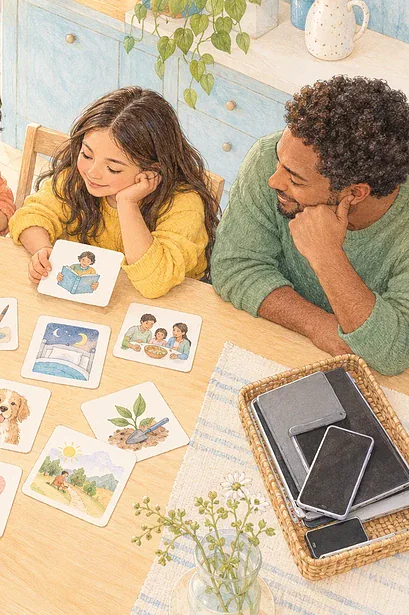 Overhead illustration of a family making a screen agreement with picture cards.