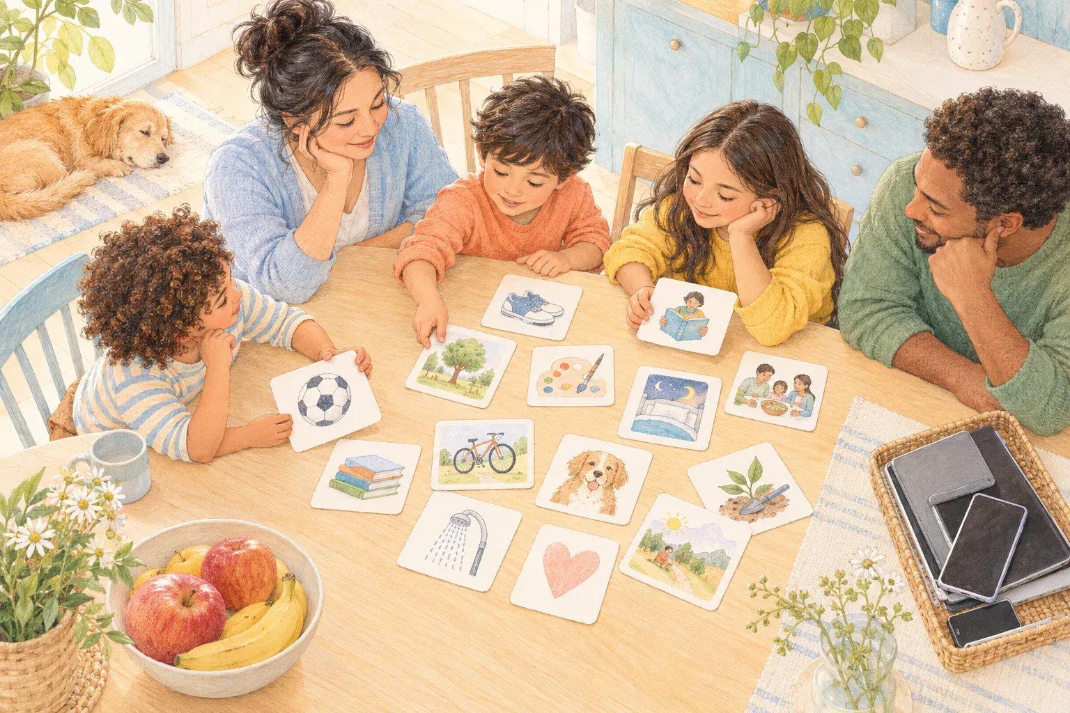 Overhead illustration of a family making a screen agreement with picture cards.
