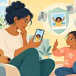 Illustration of a parent pausing before sharing a child's picture on a phone.