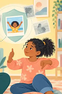 Illustration of a parent pausing before sharing a child's picture on a phone.
