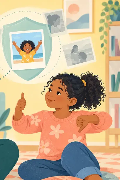 Illustration of a parent pausing before sharing a child's picture on a phone.