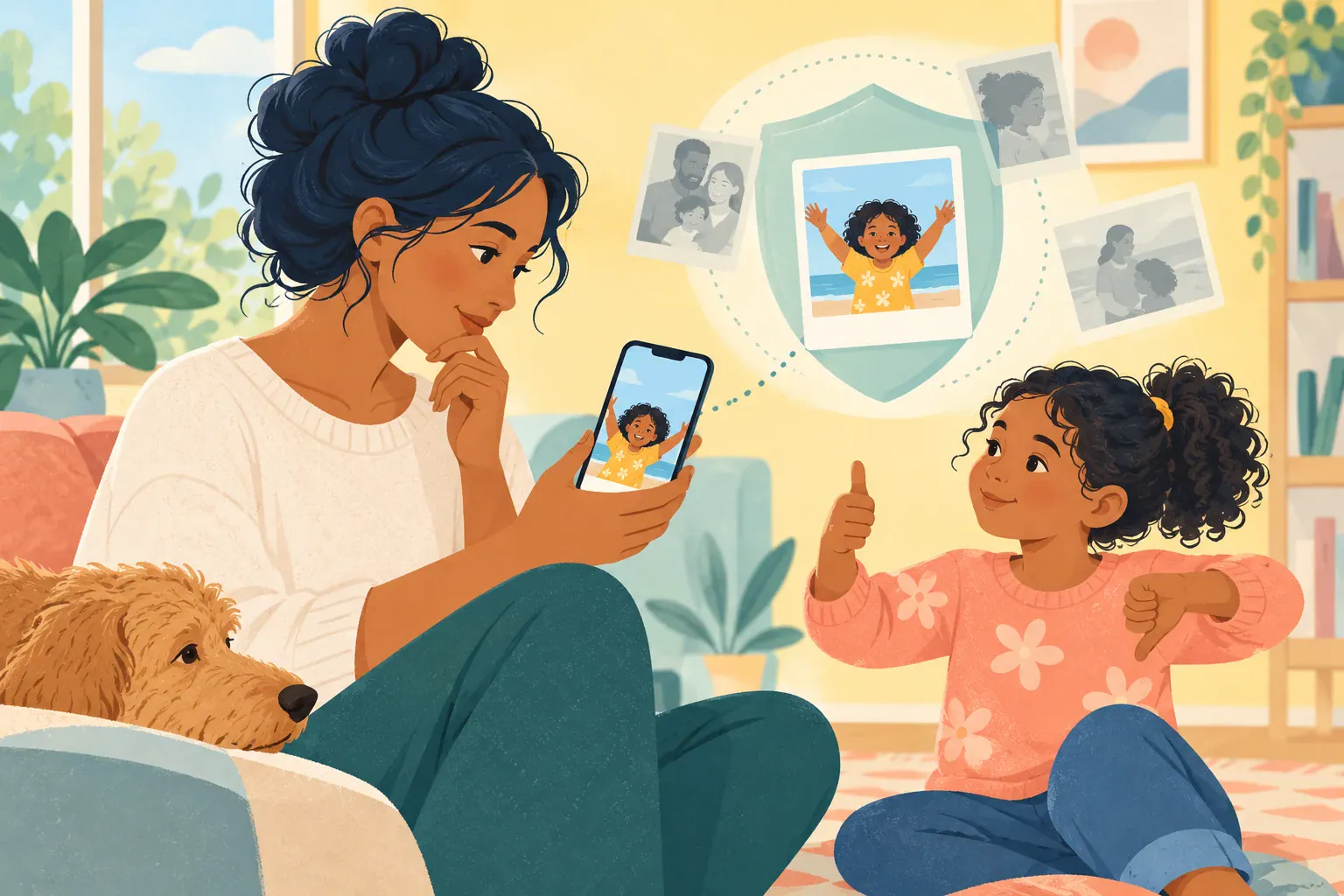 Illustration of a parent pausing before sharing a child's picture on a phone.