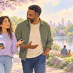 Illustration of a father and teenager talking beside a park lake.