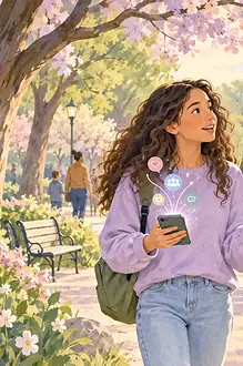 Illustration of a father and teenager talking beside a park lake.