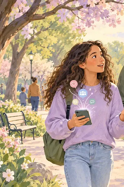 Illustration of a father and teenager talking beside a park lake.