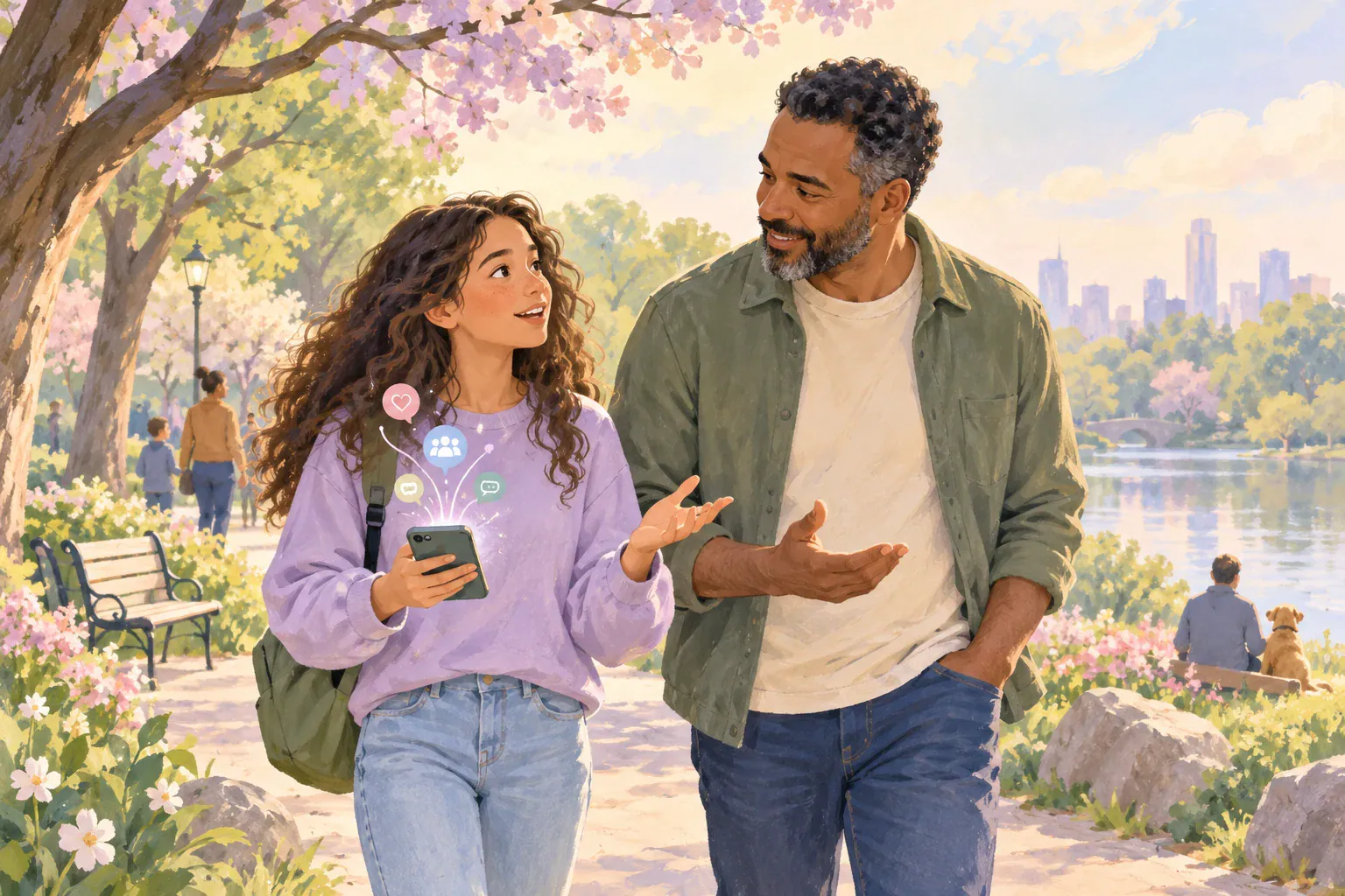Illustration of a father and teenager talking beside a park lake.