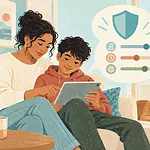 Illustration of a parent and child checking tablet settings, with a privacy shield motif.