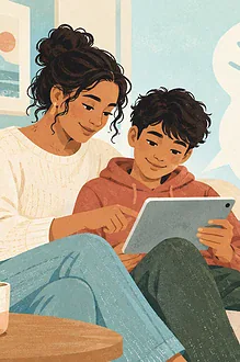 Illustration of a parent and child checking tablet settings, with a privacy shield motif.