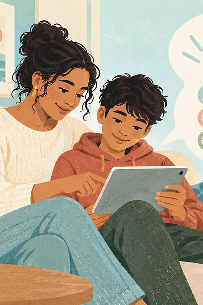 Illustration of a parent and child checking tablet settings, with a privacy shield motif.