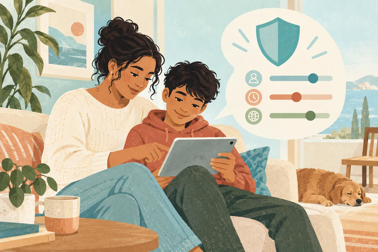 Illustration of a parent and child checking tablet settings, with a privacy shield motif.