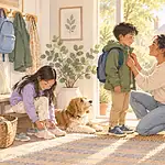 Illustration of a family putting on shoes and packing a bag near the front door.
