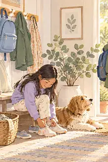 Illustration of a family putting on shoes and packing a bag near the front door.