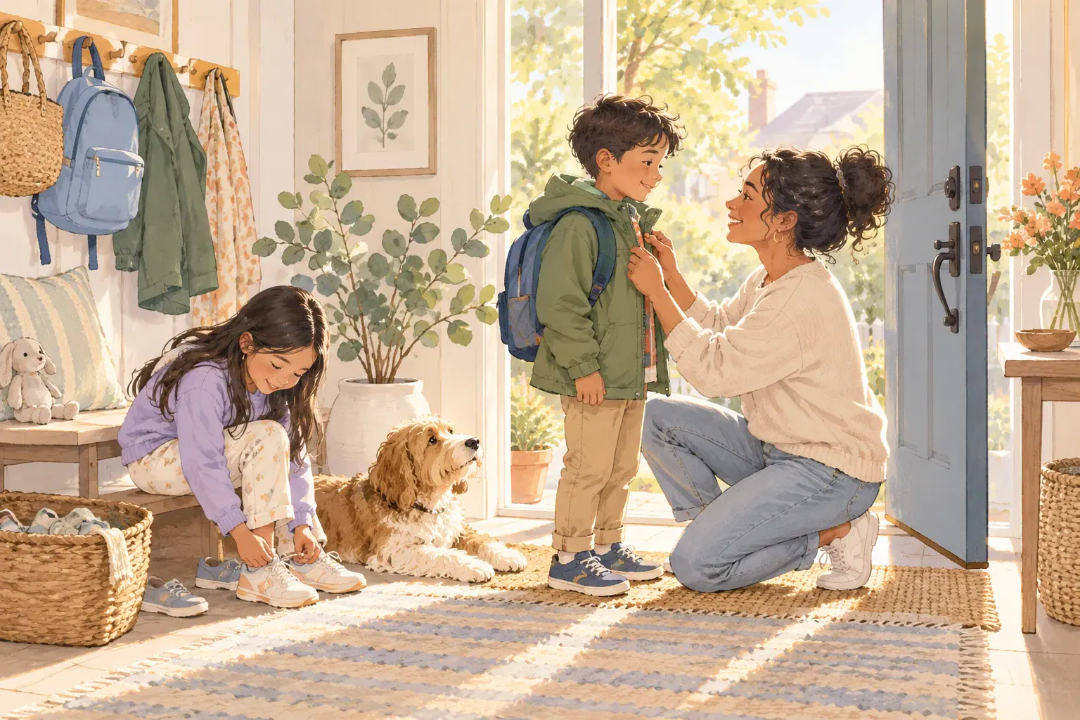 Illustration of a family putting on shoes and packing a bag near the front door.
