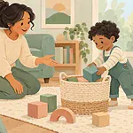 Illustration of a parent giving a child one clear request while tidying blocks.