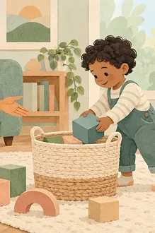 Illustration of a parent giving a child one clear request while tidying blocks.