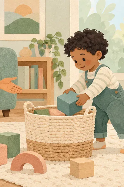 Illustration of a parent giving a child one clear request while tidying blocks.