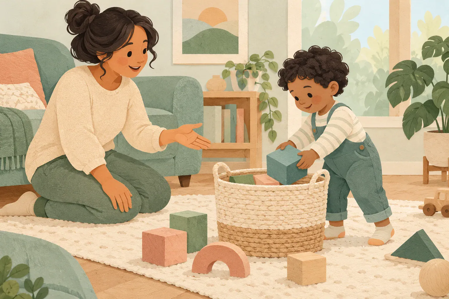 Illustration of a parent giving a child one clear request while tidying blocks.