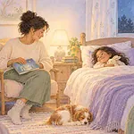 Gouache illustration of a parent reading beside a child tucked into bed.
