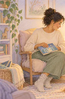 Gouache illustration of a parent reading beside a child tucked into bed.