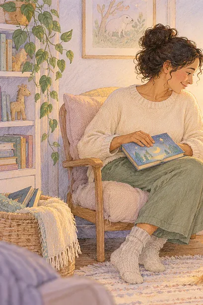 Gouache illustration of a parent reading beside a child tucked into bed.