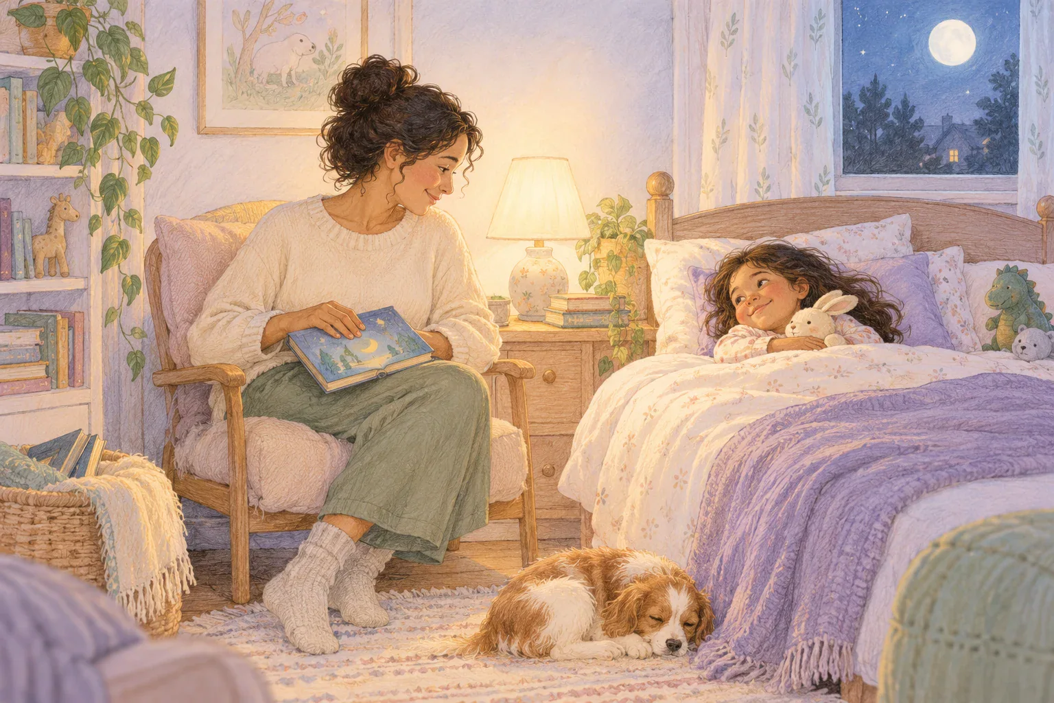Gouache illustration of a parent reading beside a child tucked into bed.