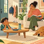 Illustration of a child resting after school while a caregiver sits nearby.