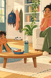 Illustration of a child resting after school while a caregiver sits nearby.