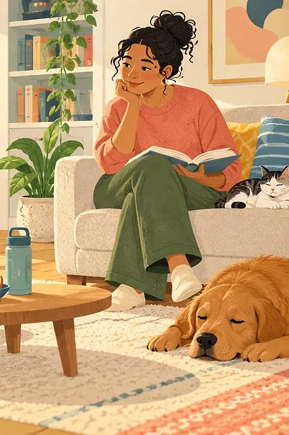 Illustration of a child resting after school while a caregiver sits nearby.