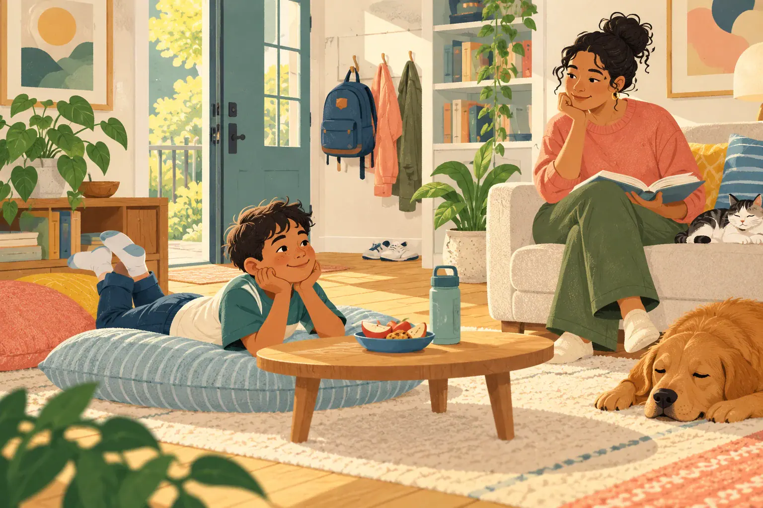Illustration of a child resting after school while a caregiver sits nearby.