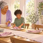 Illustration of a grandparent and child preparing a meal together.
