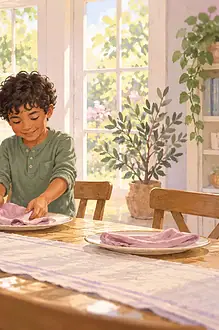 Illustration of a grandparent and child preparing a meal together.