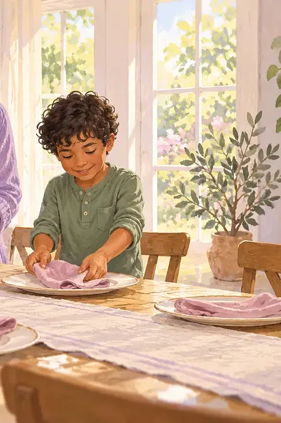 Illustration of a grandparent and child preparing a meal together.