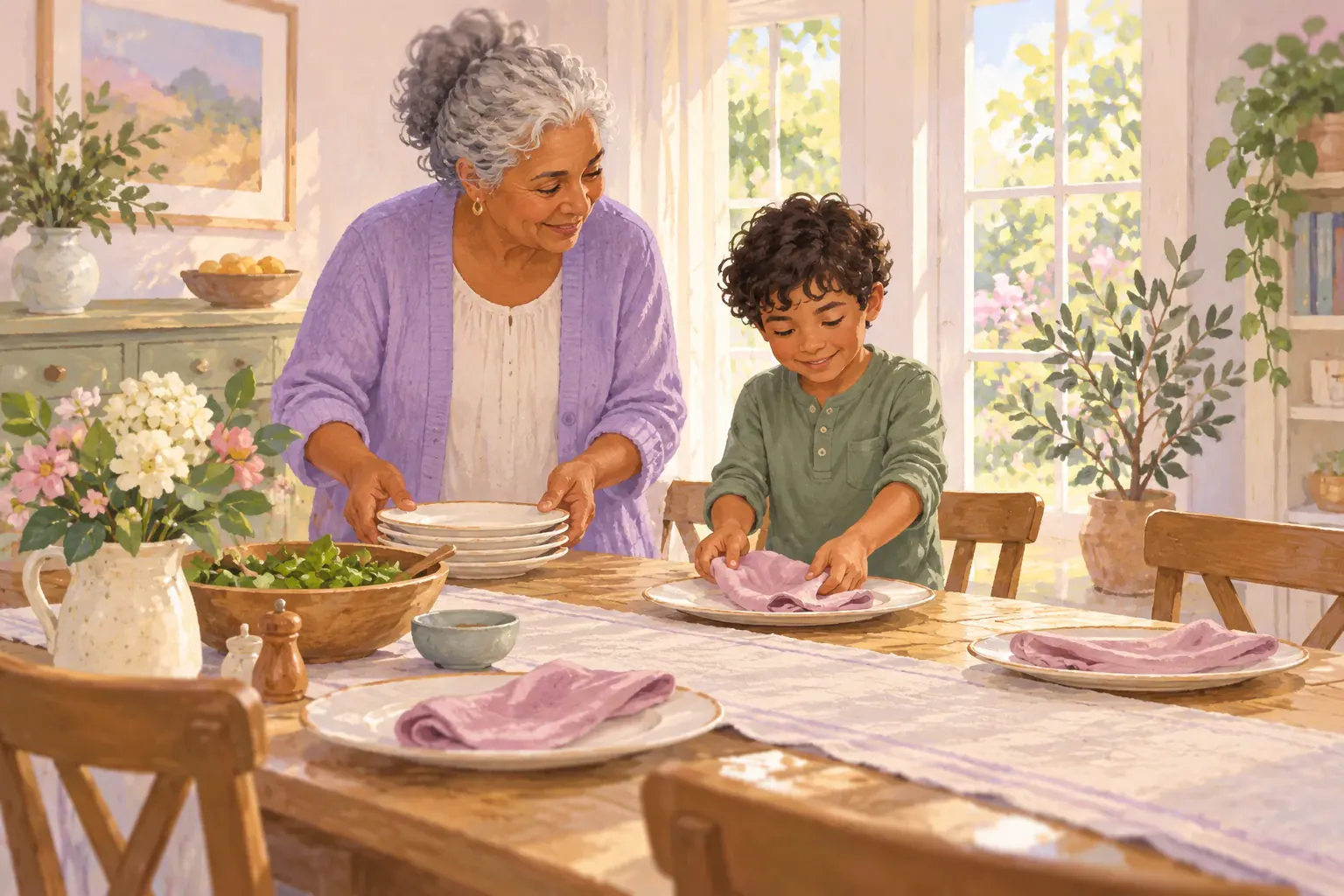 Illustration of a grandparent and child preparing a meal together.